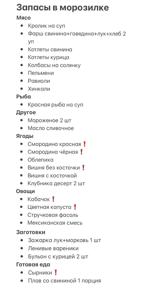 Список запасов в морозильной камере