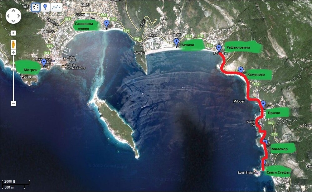Красным обозначен пешеходный путь от п. Рафаиловичи до п. Свети Стефан. Картинка с сайта https://monteonline.ru/blog/budva_riviera/?lang=sr. 