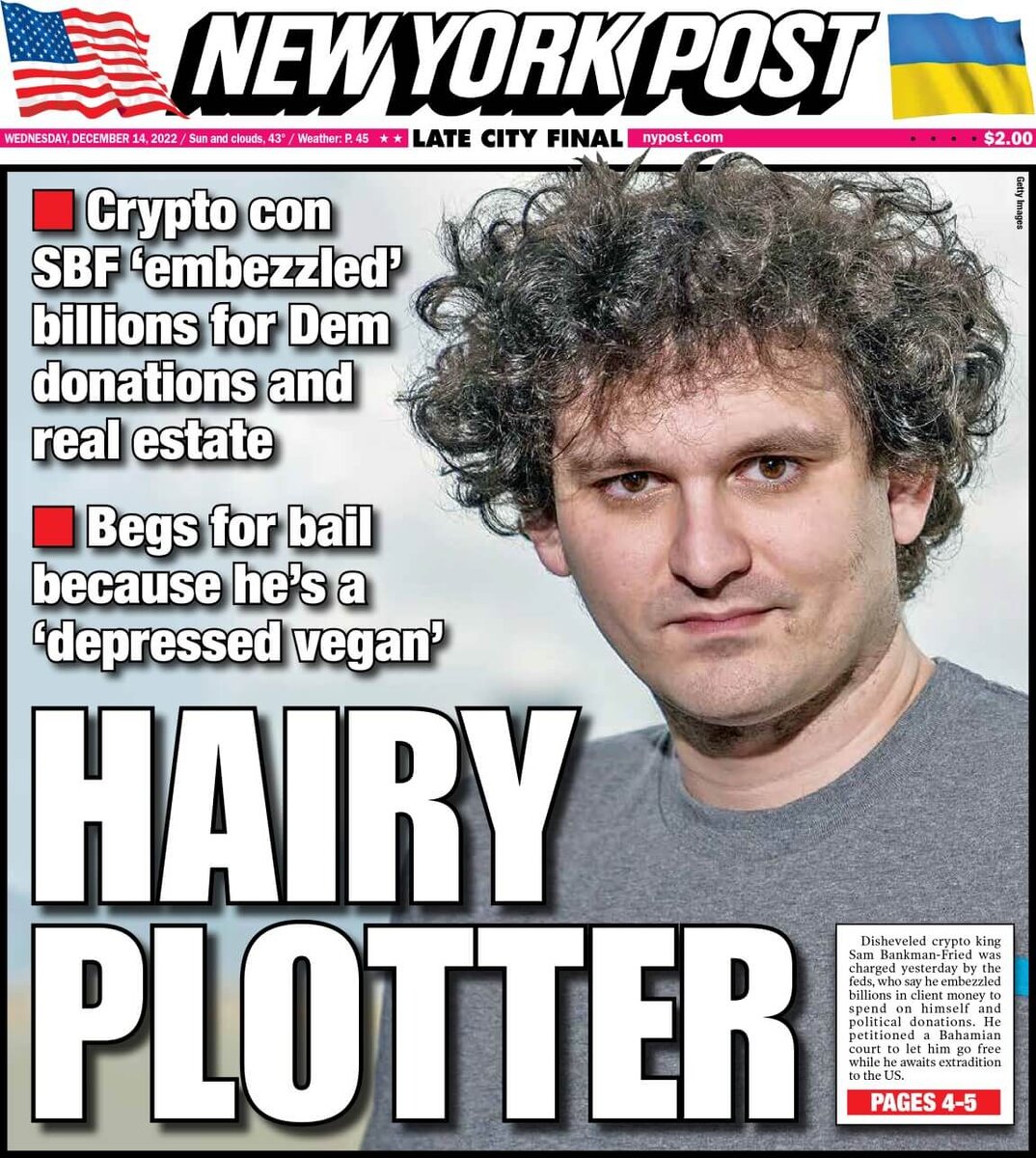    Обложка свежего выпуска New York Post о Сэме Банкмане-Фриде