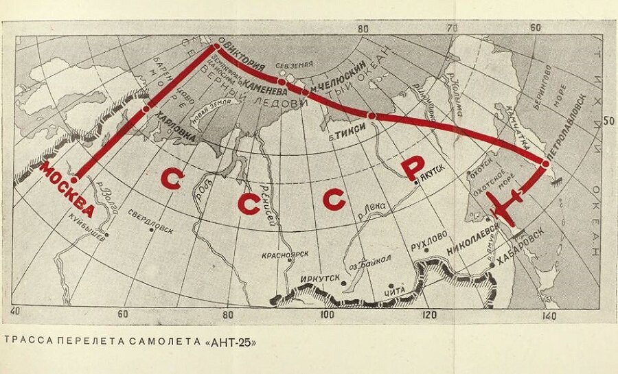 Карта перелета Москва - о. Удд 20-22 июля 1936 г.