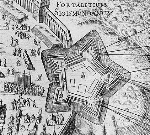 Осада Смоленска 1632—1633. Фрагмент гравюры Вильгельма Гондиуса «План осады Смоленска» с изображением Королевского бастиона. Данциг. 1636