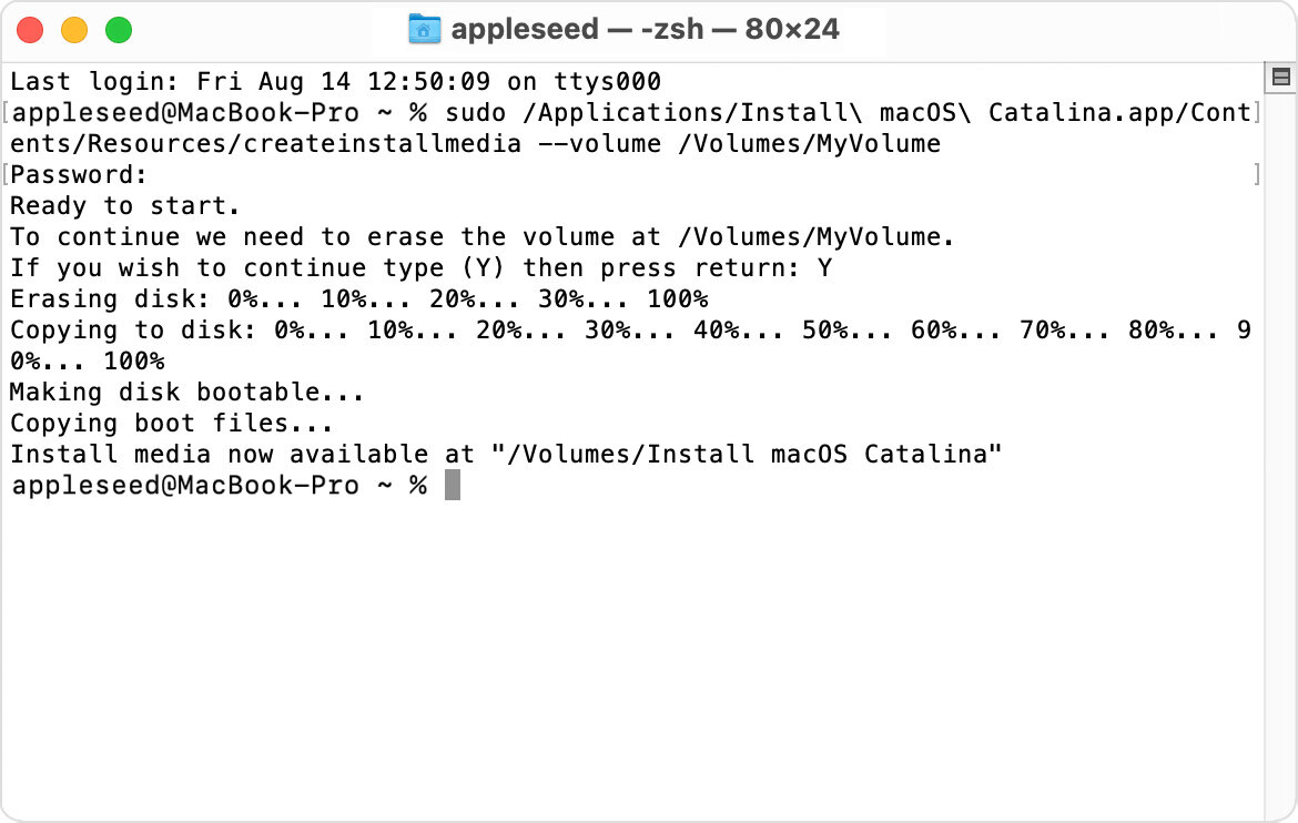Процесс записи дистрибутива macOS на флешку с отображением прогресса