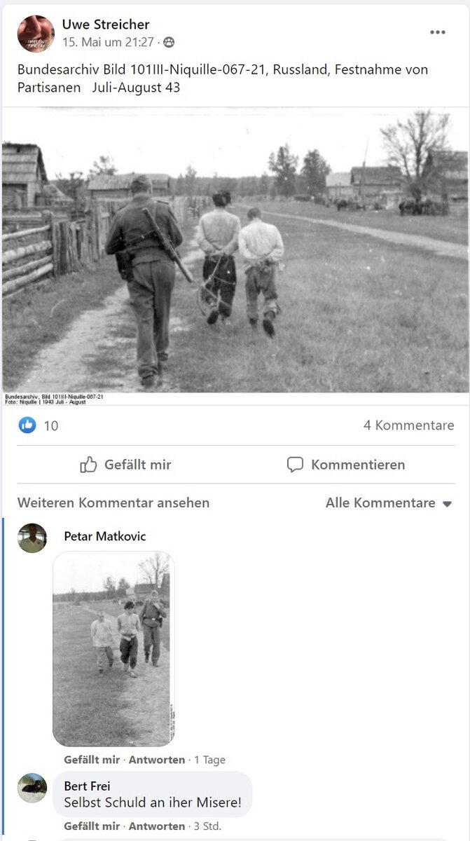 Снимок, с арестованными партизанами, выложен в Фейсбуке, с комментарием от немецкого пользователя: «Сами виноваты в своей беде» (Selbst Schuld an Ihrer Misere)
