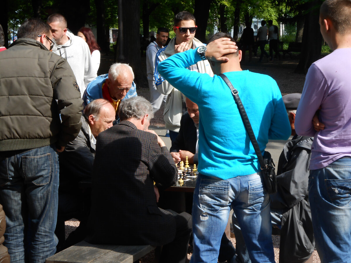 Сербские пенсионеры (и не только), играющие в шахматы в белградском парке Калемегдан. Май 2014 года, фото автора.