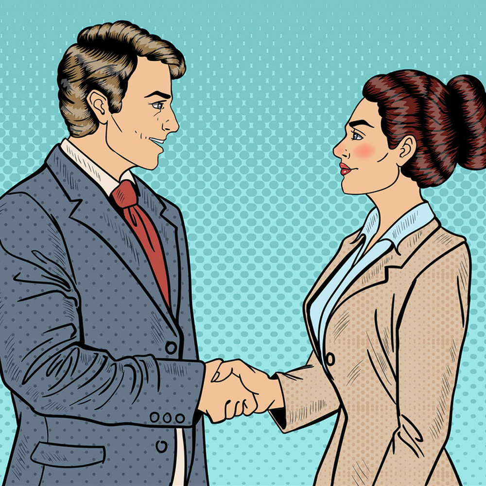 Переговоры в стиле комиксов. Общение в стиле комиксов. Иллюстрация делового мужчины и женщины. Рукопожатие поп арт.