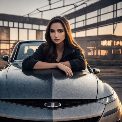 Изображение сгенерировано нейросетью* по запросу: "Красивая девушка сидит на капоте автомобиля, на заднем фоне старый завод"