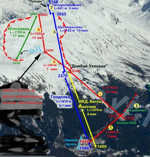 схема подъемников в Домбае