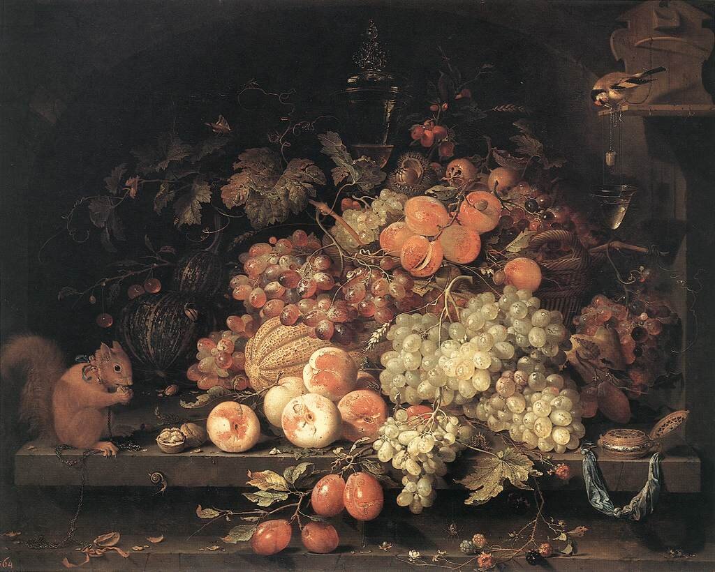 Абрахам Миньон (Abraham Mignon). Натюрморт с фруктами, белкой и щеглом (Fruit Still-Life with Squirrel and Goldfinch). 1675. Источник: https://commons.wikimedia.org/wiki/File:Abraham_Mignon_-_Fruit_Still-Life_with_Squirrel_and_Goldfinch_-_WGA15666.jpg