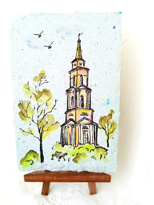 Открытка на бумаге ручного литья. Рисунок - акрил.