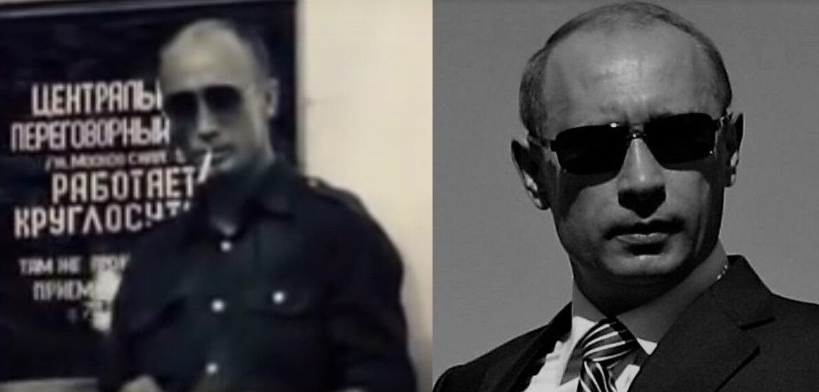 Слева кадр из фильма «Без особого риска» 1983 г. Справа Путин В.В.