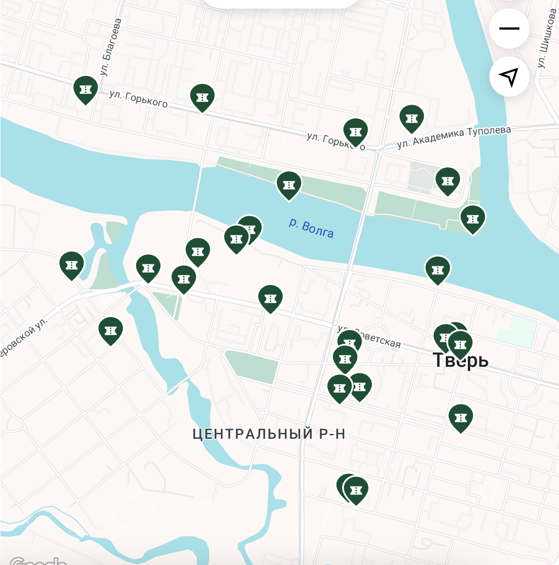 Карта с достопримечательностями Твери из ресурса TripAdvisor.