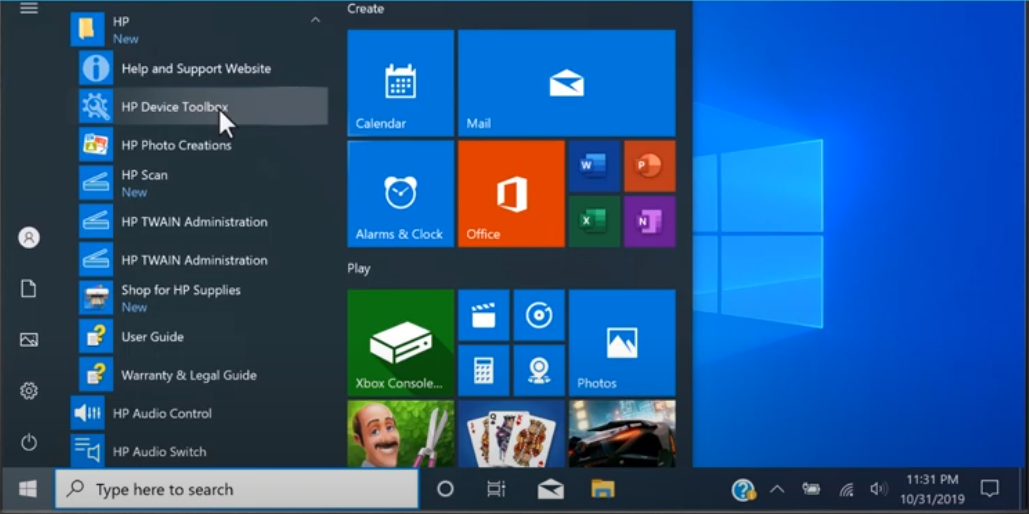 Выберите "HP Device Tool Box"
