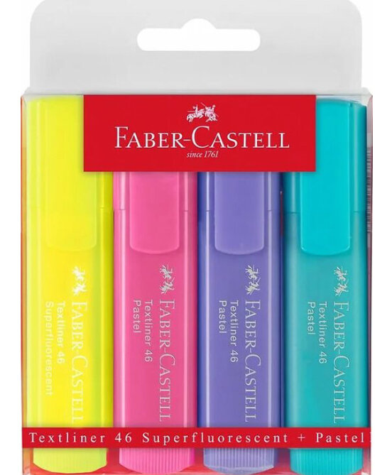 Средний набор Faber-Castell - 4 текстовыделителя, маленький - два, большой - восемь.