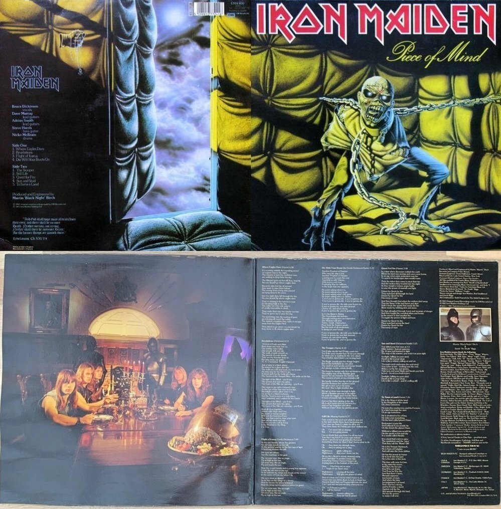 Iron Maiden «Piece of Mind», 1983 г., внешняя и внутренняя стороны конверта