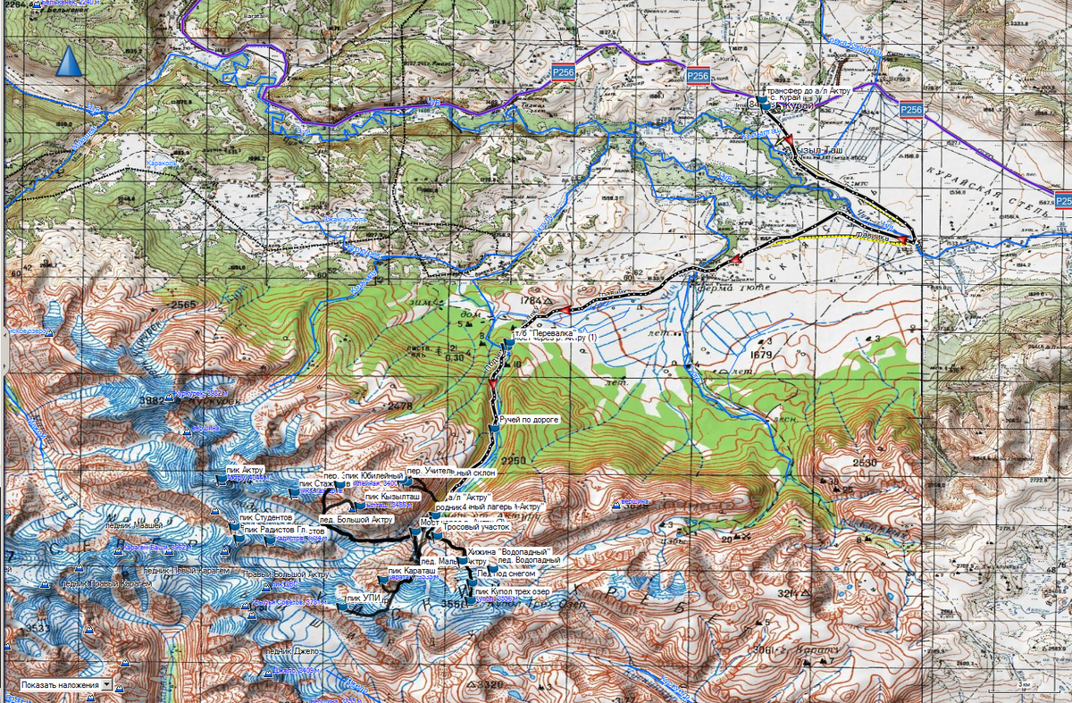 Карта рельефа района альп.лагеря Актру.