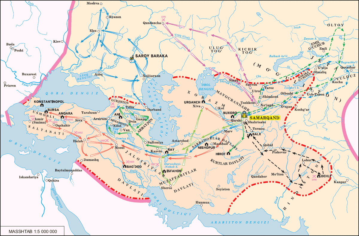 Держава Тимуридов в 14-15 веках. Легенда на следующем рисунке (англ. язык). Источник - https://www.parusinfo.com/