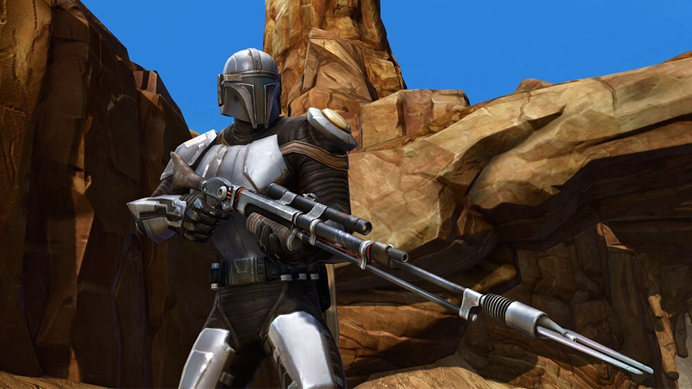 Персонаж Мандалорец (SWTOR) с характерной бластерной винтовкой. Источник: swtorista.com