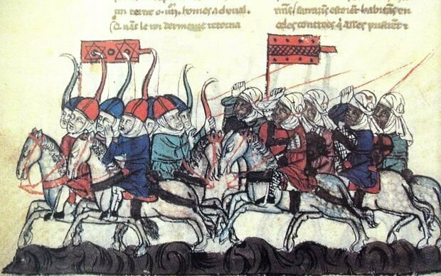 средневековая гравюра: битва при Хомсе, мамлюки против моголов и армян (слева)