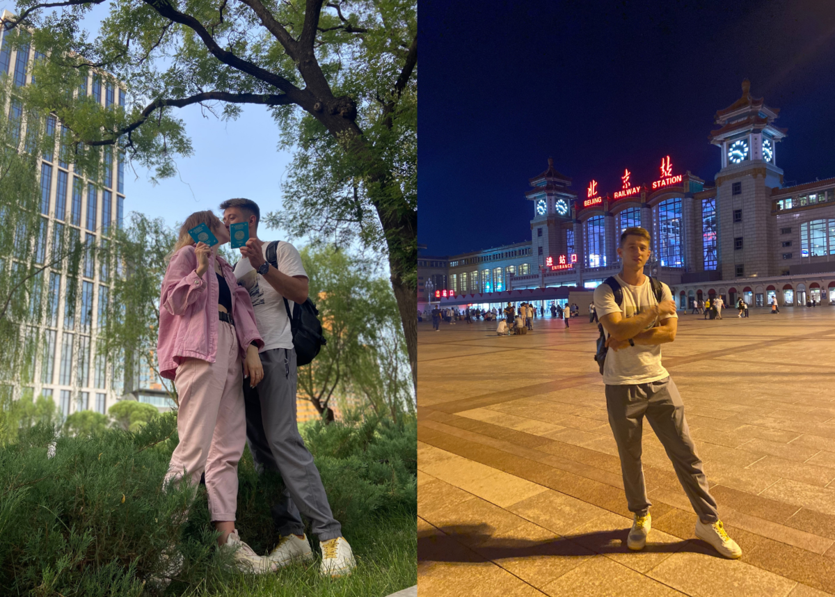 Автор канала со своей девушкой, счастливые после подачи заявления. Справа фотография вокзала в Пекине, одно из. Всего вроде 5 вокзалов.