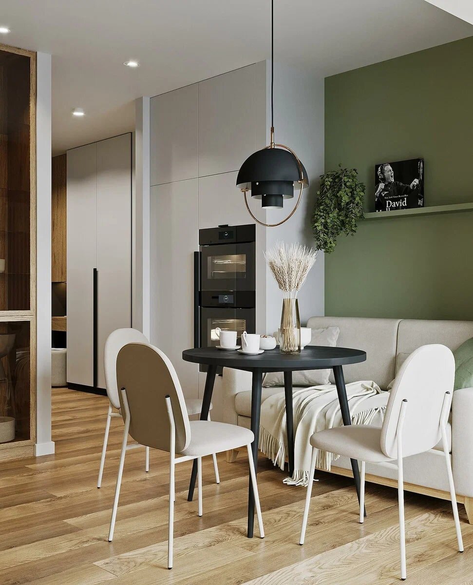 Зеленый, графитовый и светлое дерево. Элегантная однушка 48 кв.м., где уместилось всё необходимое