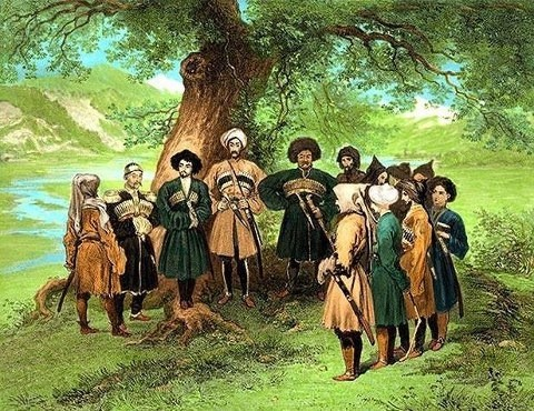 Совещание черкесских князей в 1839—40-х гг. Из альбома " Le Concaseploresque. Dessine d'apres nature par le Prince G.Gagarin', Paris, 1847. Григорий Гагарин.Пятый слева стоит князь Маршани.