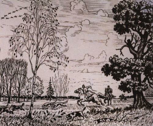 Иллюстрация к роману: Кустодиев "Дубровский". Охота. (1919) 