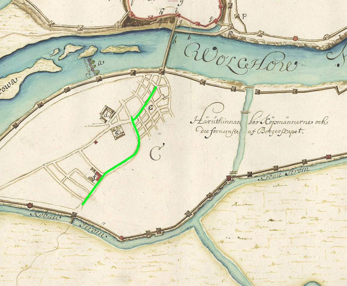 План Новгорода Эрика Пальмквиста 1674 год. Зеленым выделена Ильина улица (предположительно)