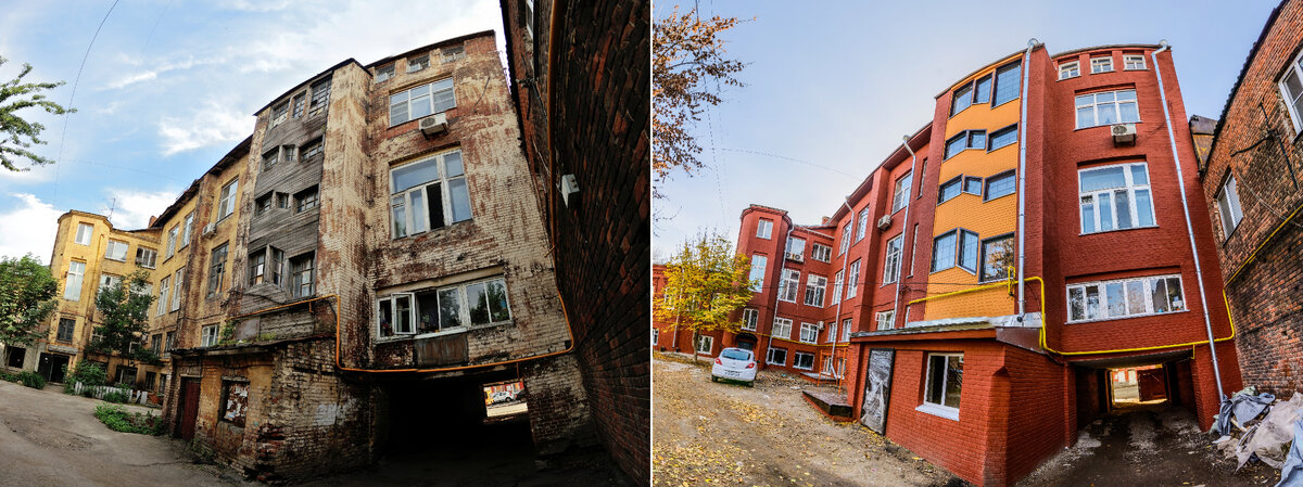 Доходный дом Молчанова (Зворыкина) до и после реставрации, вид со двора