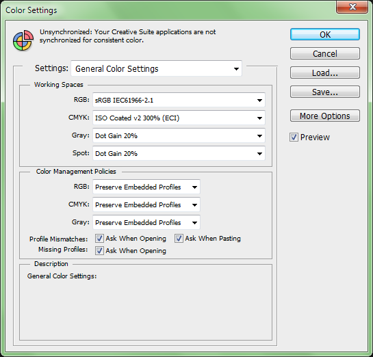 Иллюстрация 1. Цветовые настройки пакета Adobe