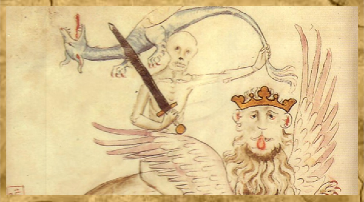 Изображение Смерти верхом на льве, созданное во время Великого голода неизвестным художником, ок. 1315–1317 (Викисклад).