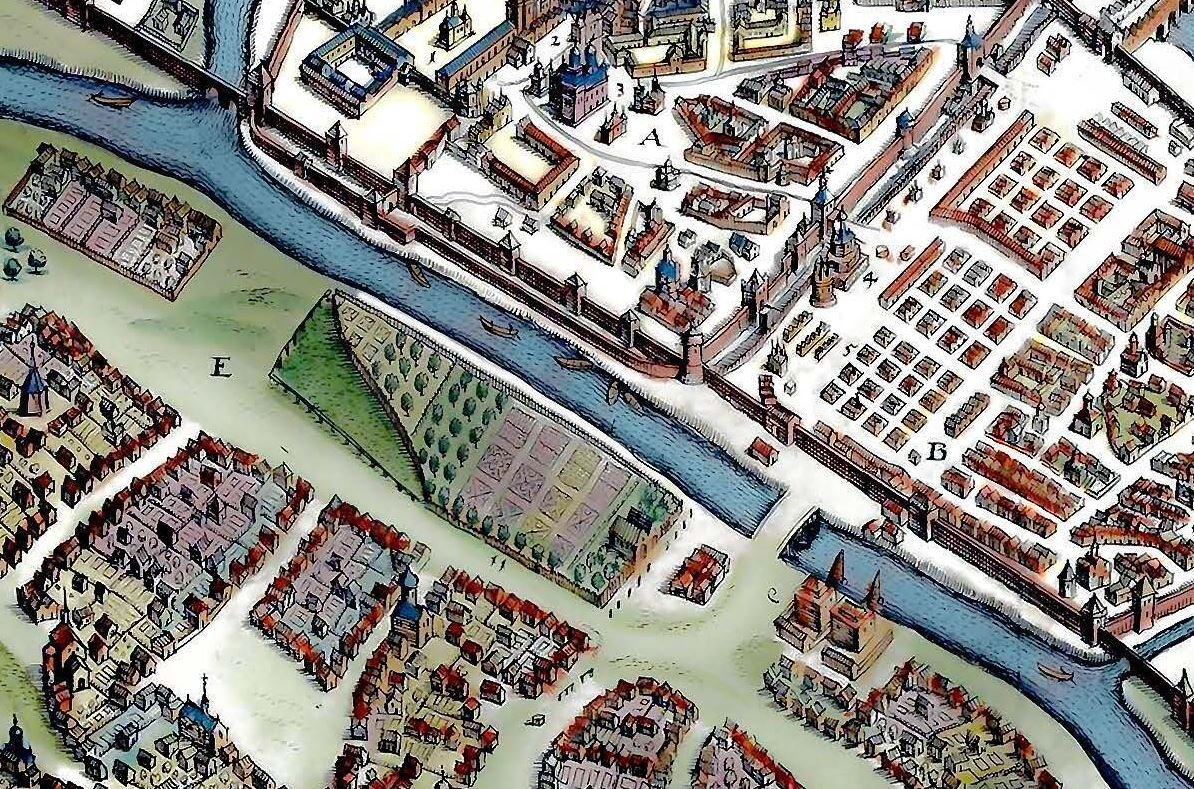 Болото и царский сад на плане Москвы работы М. Мериана, 1638 год