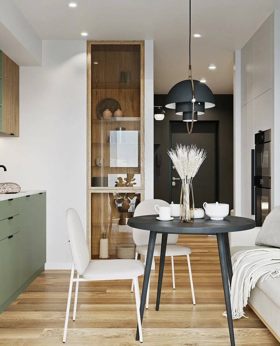 Зеленый, графитовый и светлое дерево. Элегантная однушка 48 кв.м., где уместилось всё необходимое