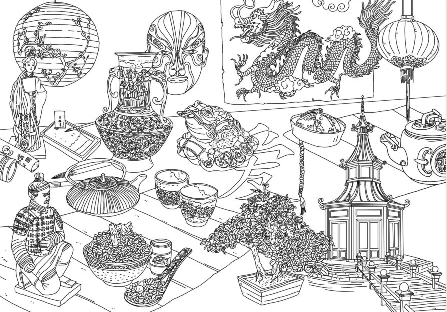 Вот пример раскраски с атрибутами Китая. Дети могут раскрашивать такой листок в процессе получения теоретической базы. Фото из личного архива