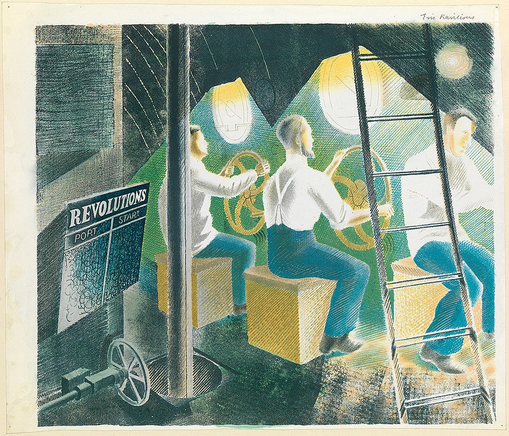 Эрик Равилиус (Eric Ravilious). Три человека контролируют субмаринк. Из сер. «Подводные лодки». Литография. 