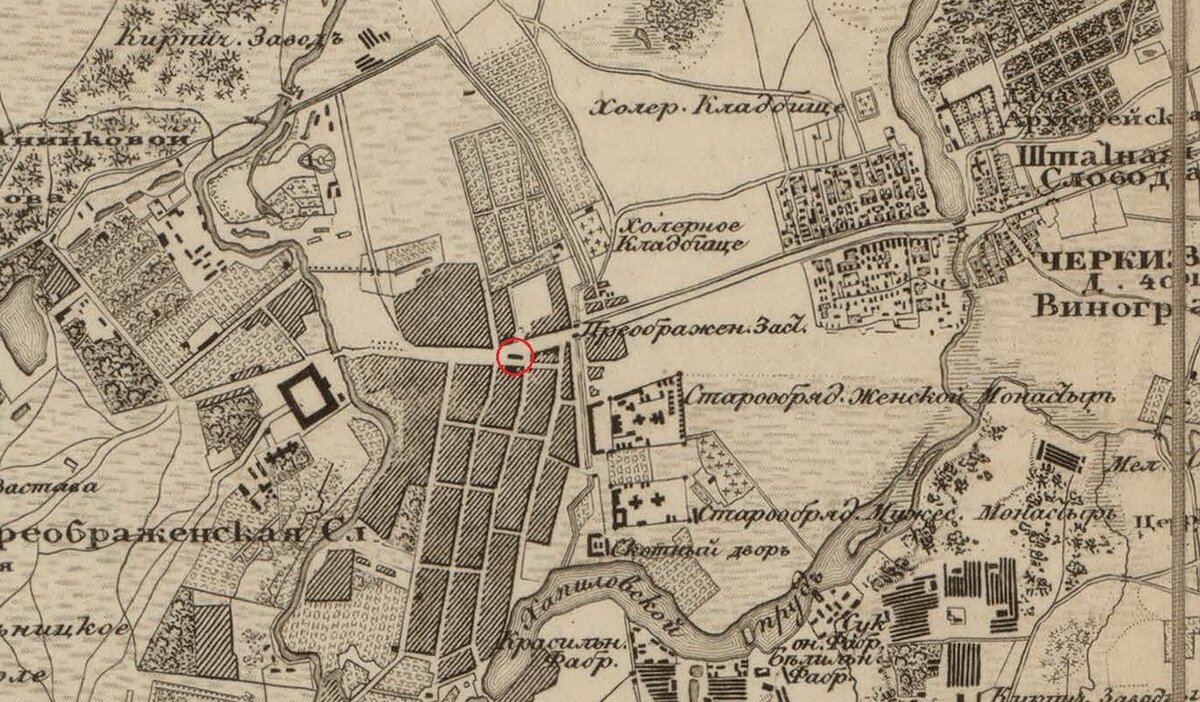 1848 год. Фрагмент Топографической карты окрестностей Москвы. Красным обвел обозначенные торговые ряды