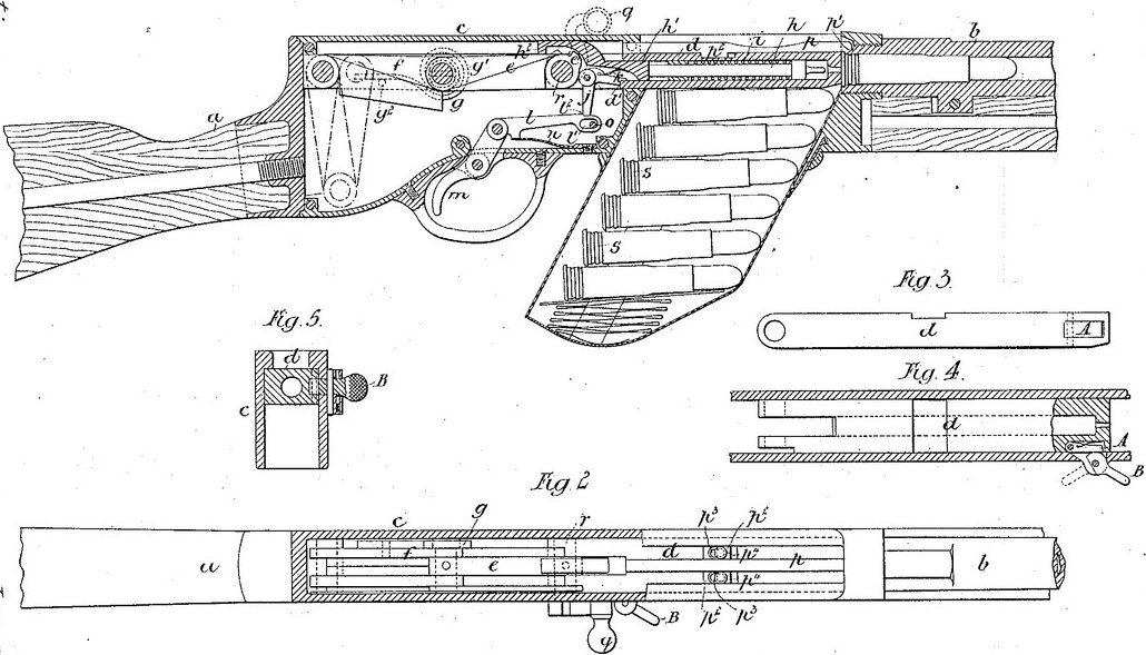Схема самозарядной винтовки Максима. Рисунок из патента.
