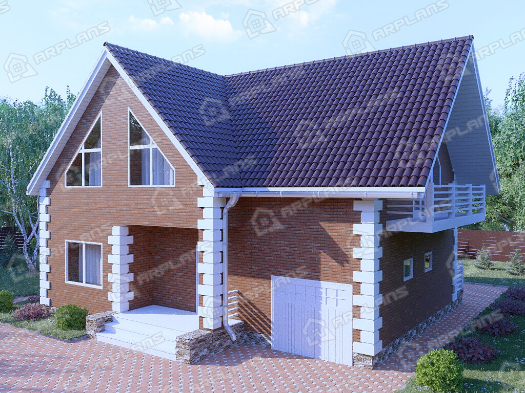 Фото 1 двухэтажного мансардного дома из газобетона с 4 спальнями, балконом, котельной, террасой и гаражом. Общая площадь до 200 (198) кв м. Источник arplans.ru Проект К-121