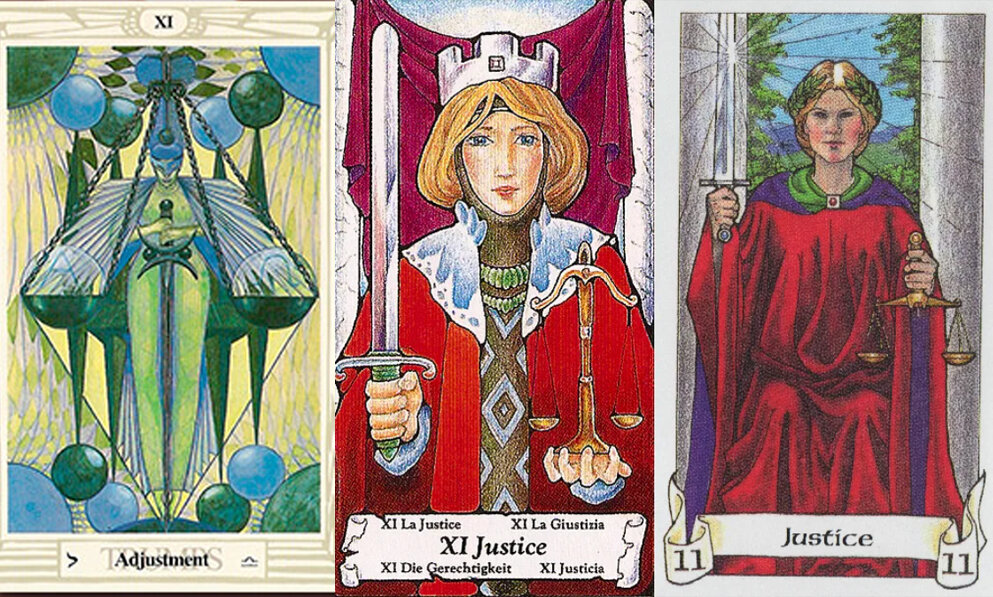 Справедливость в различных колодах. Обратите внимание на первую карту слева (Таро Тота). Кроули дал ей более нейтральное название Adjustment (Равновесие, Регулирование), несущее меньше ассоциаций с идеей о воздаянии.