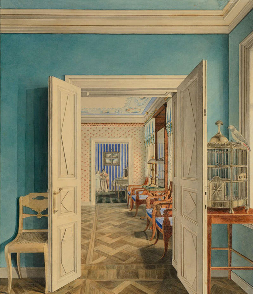 Неизвестный художник. Анфилада комнат с птичьей клеткой на первом плане в неизвестном особняке. 1830-е гг.