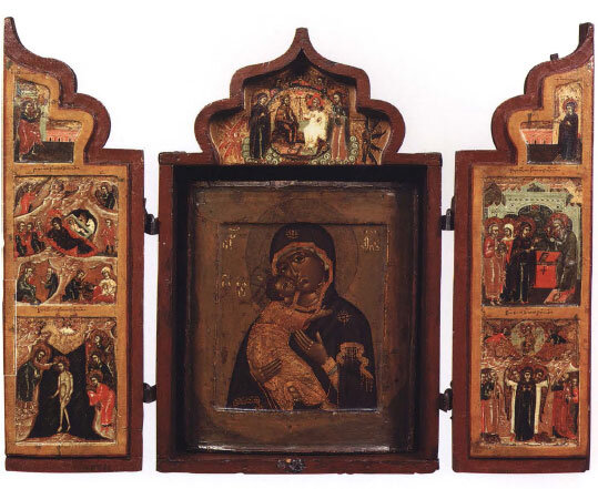 КУЗОВ С ПРАЗДНИКАМИ НА СТВОРКАХ. Вторая половина XVII в. Дерево, левкас, темпера. 67x51см. Происходит из коллекции А.В. Бакушинского. Собрание Музея имени Андрея Рублева