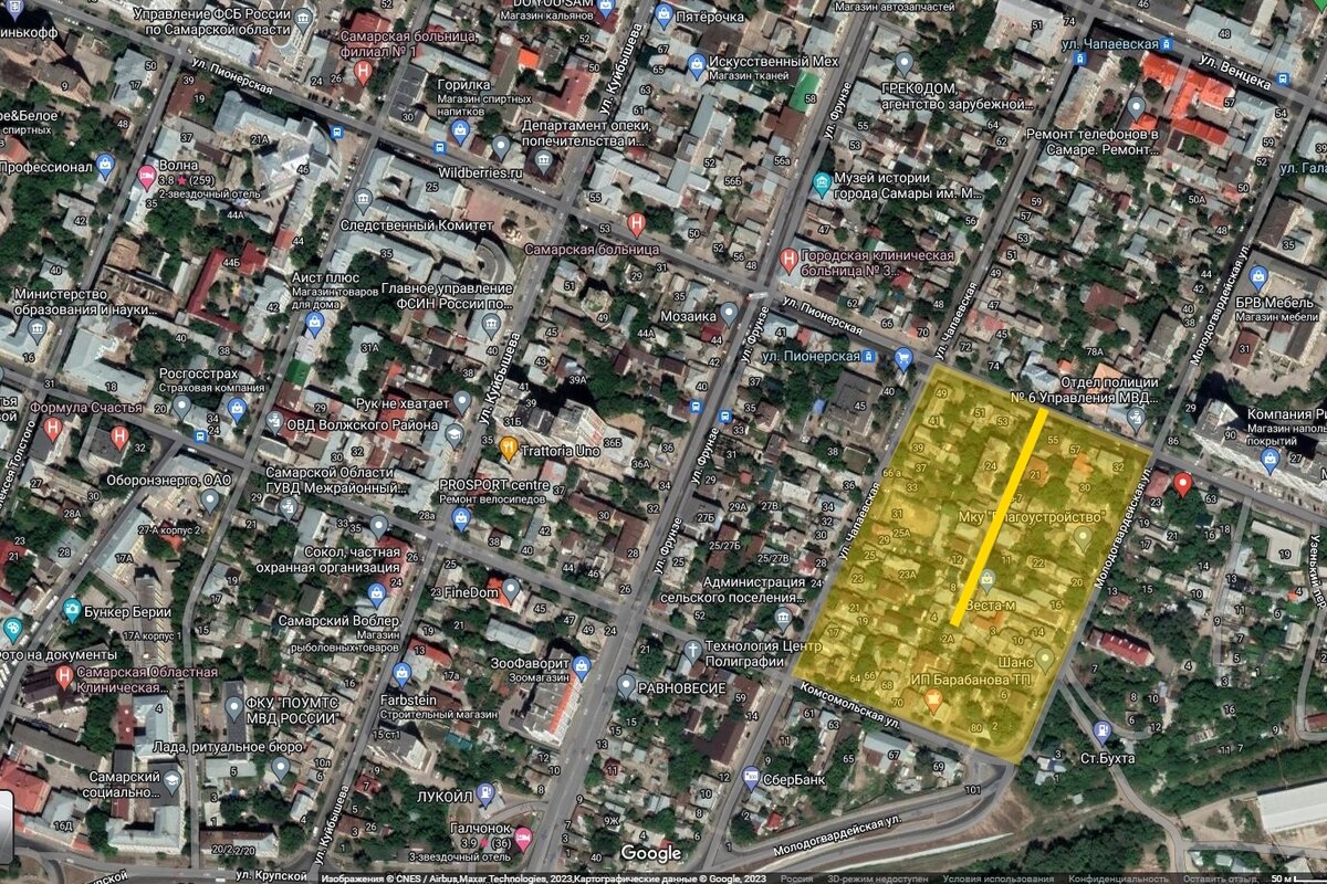 13-й квартал на карте современной Самары. Жирной линией отмечен Песочный переулок.