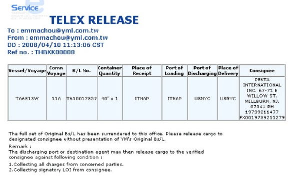 Пример электронного уведомления телекс-релиз о выдаче контейнера без предъявления оригинала коносамента. Источник - https://www.container-xchange.com/blog/telex-release-an-overview/