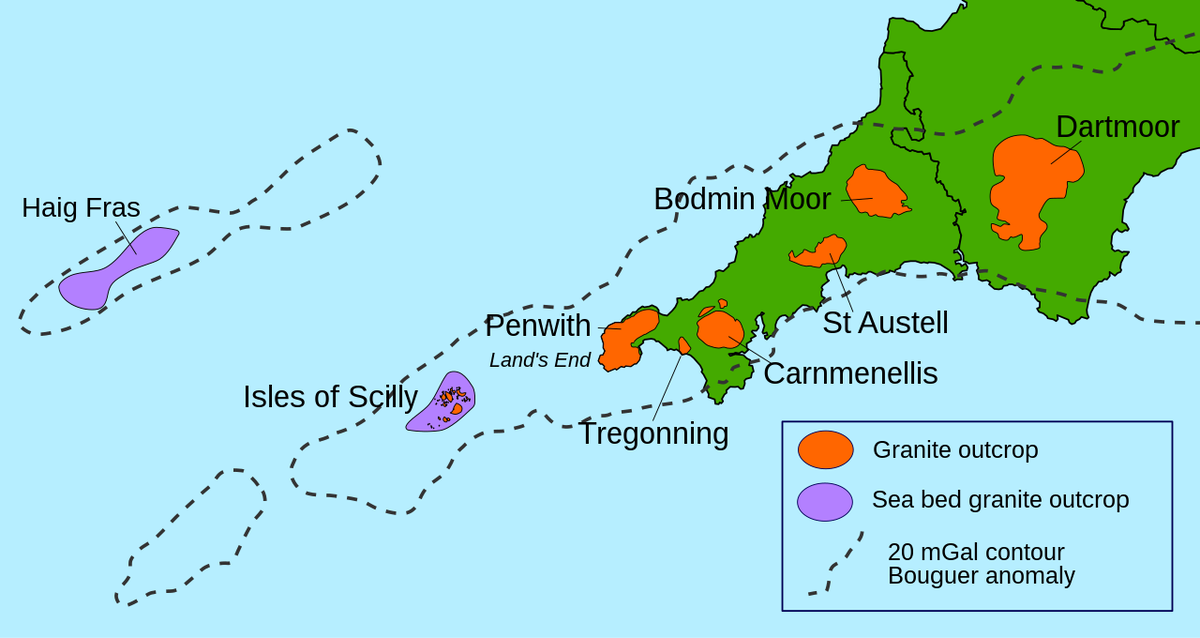 Границы корнубского батолита (штрих) и выход гранитных массивов на поверхность.  https://en.m.wikipedia.org/wiki/Cornubian_batholith#Mineral_formation