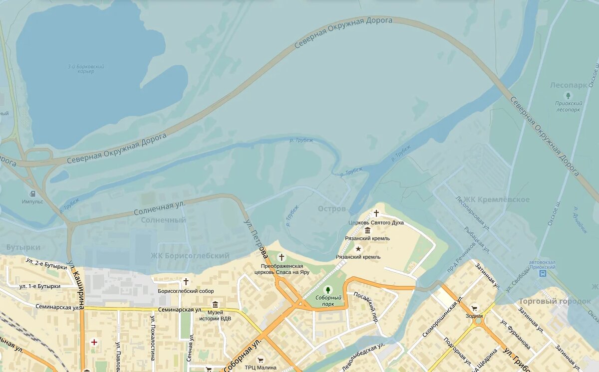 Карта самого впечатляющего паводка Оки и Трубежа в 1970х годах - вода поднималась до Борисоглебского собора на Бутырках. Источник http://ryazan.progulkipo.ru/