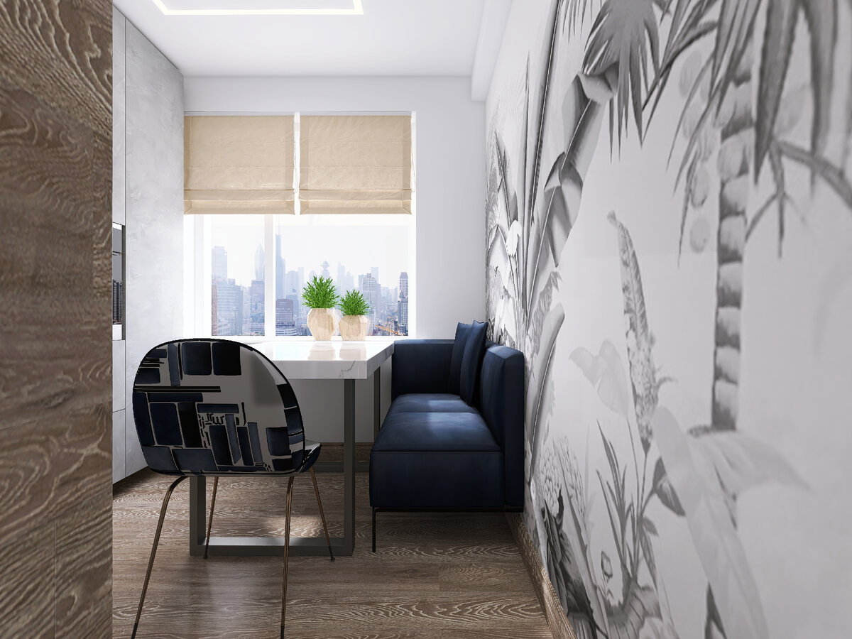 Вид наВид на окно, диван и стена с печатью.