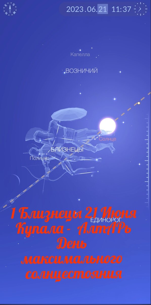 Пришло созвездие близнецы. 21 июня в эклиптике Солнца. 