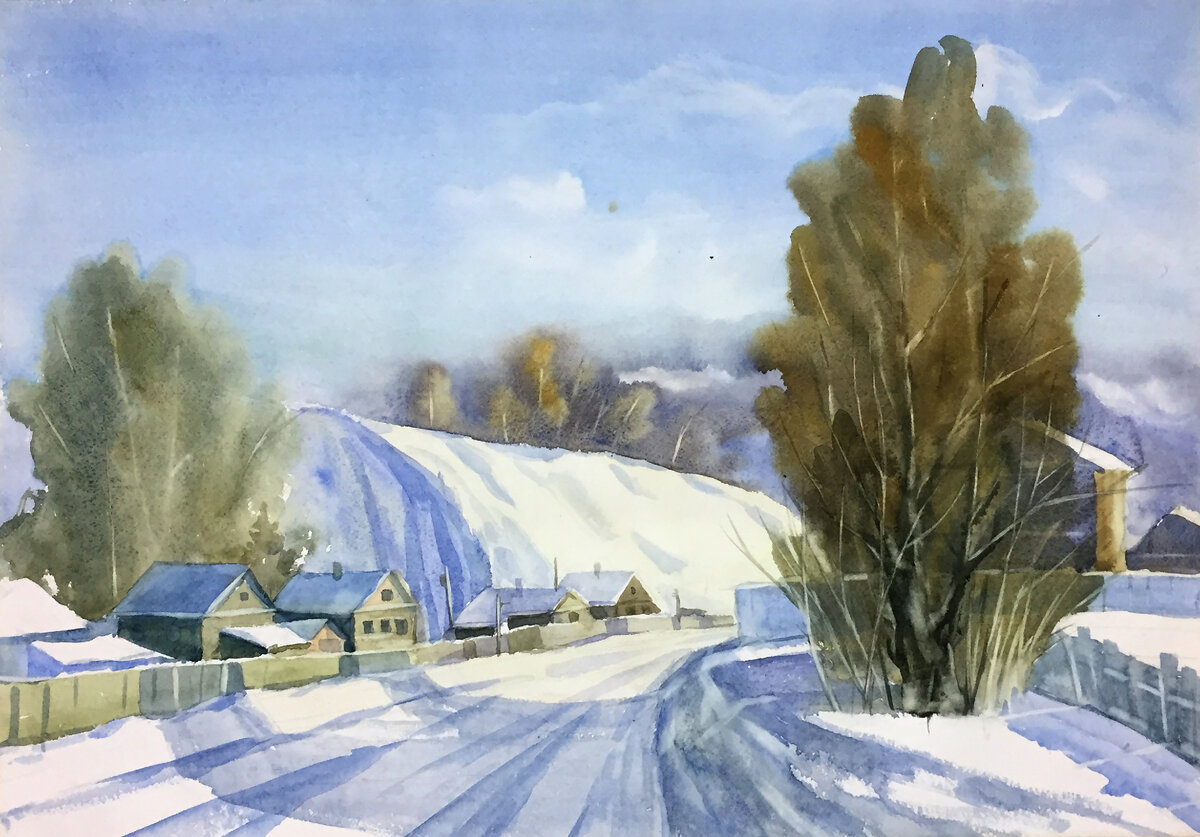 Авторская работа Андреева С.Н. "Зимний день. Субханкулово". Бумага, акварель, размер 50х70см.