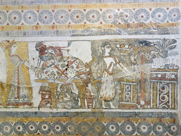  Фреска на саркофаге из Агиа Триады обряд жертвоприношения быка, лежащего связанным на алтаре. Под алтарём — две козы.