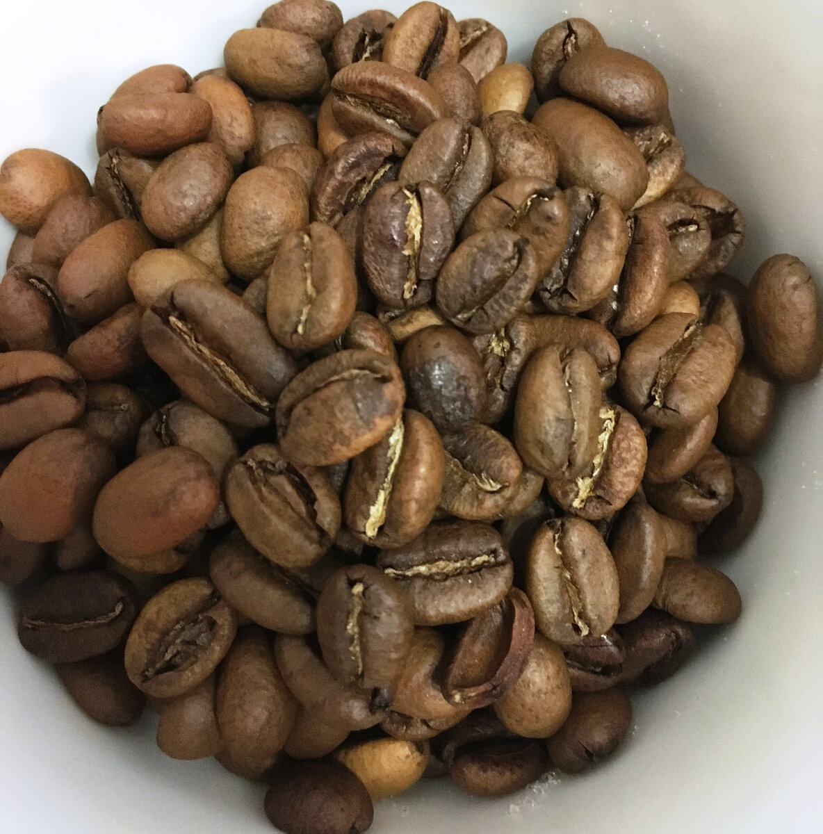 Ягоды с деревьев разновидности  Воличу и Дега  собрали и обработали методом "Брожение в мешках".  Из-за длительной ферментации и изменения pH среды зерна скукоживаются и приобретают особый окрас, что, конечно, сказалось на их итоговом внешнем виде.