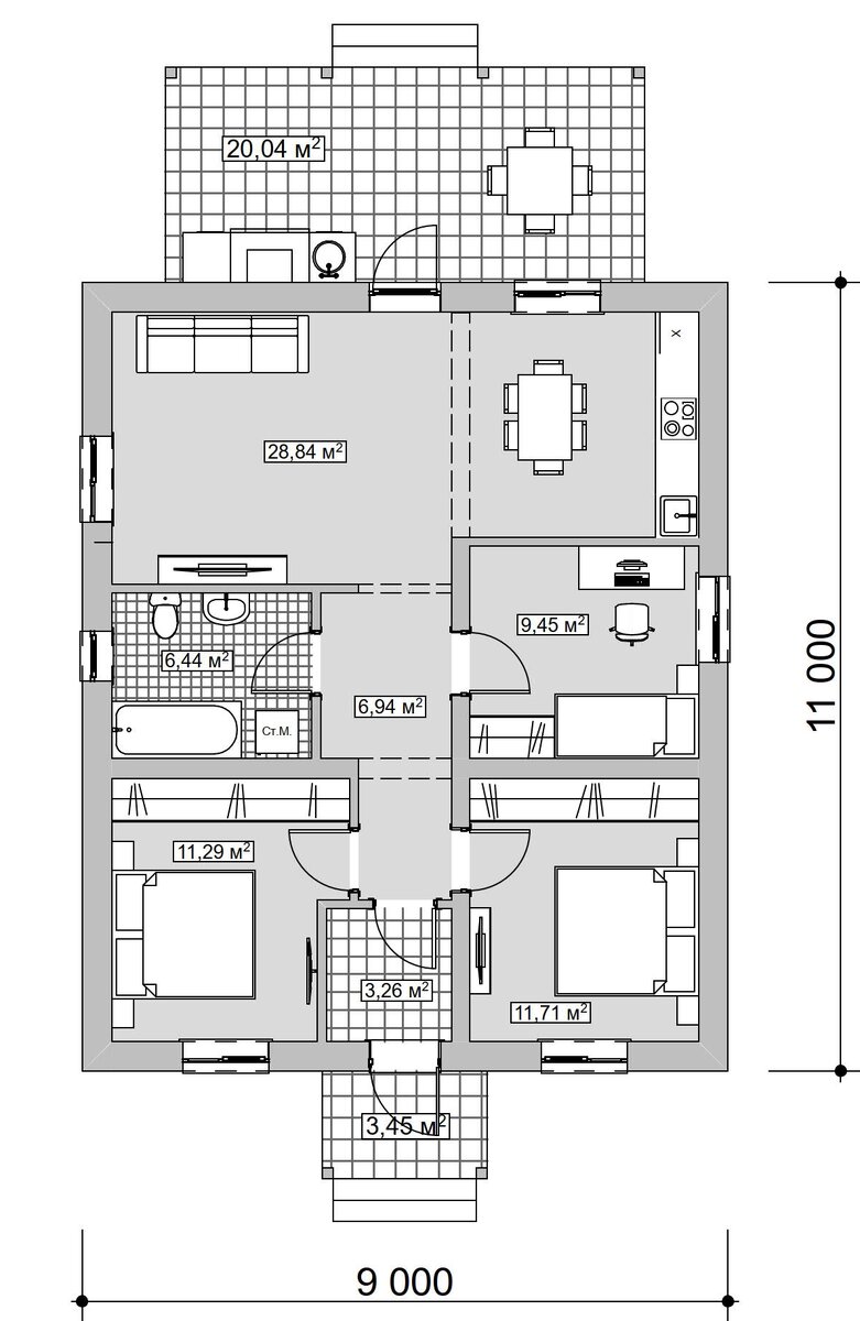Общая площадь помещений дома - 88 кв.м.